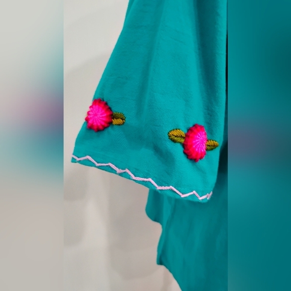 EMBROIDERED TEAL COTTON BLOUSE - Picture 5 of 8